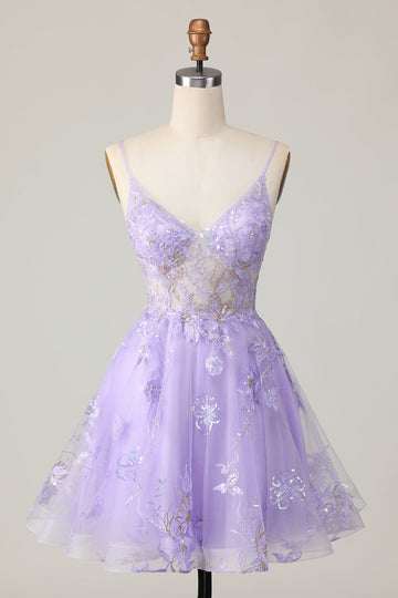 Sparkly Purple A Line Tulle Short Cocktail Dress with Appliques